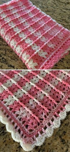 crocheted dishcloths with pink and white stripes