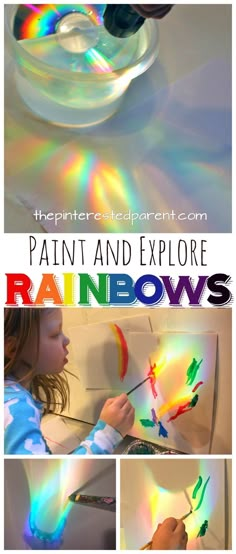 a girl painting with rainbows in the background and text overlay that reads paint and explore rainbows