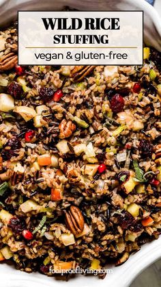 wild rice stuffing in a white bowl with text overlay that reads, vegan and gluten - free