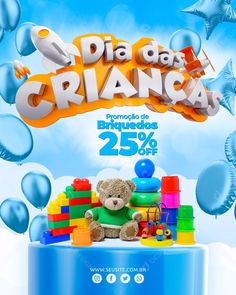 an advertisement for a children's toys store featuring a teddy bear and building blocks