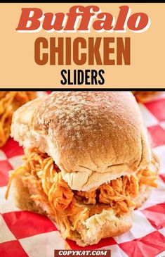 buffalo chicken sliders on a red and white checkered tablecloth with text overlay