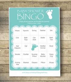 a baby shower game with the words, baby shower bingo and foot prints on it