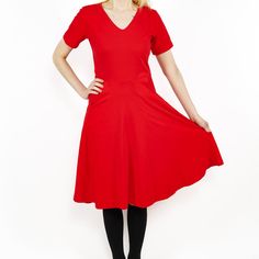 Red-ioactive Nettie Dress Red A-line V-neck Dress For Spring, Solid Stretch Cotton Dresses, Red Fitted V-neck Short Sleeve Dress, Casual Red V-neck Midi Dress, Red Stretch A-line Dress, Red Knee-length Cotton Dress, Red Cotton Knee-length Dress, Red Short Sleeve V-neck Dress For Spring, Red Fitted A-line V-neck Dress