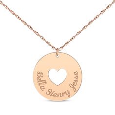 Your loved ones are never far from your heart with this personalized disc necklace. Crafted in 14K rose gold Add the names or message you choose around the heart-shaped cutout at the center The 16-inch rope chain with 2-inch extender secures with a spring ring clasp Rose Gold Engraved Heart Pendant Name Necklace, Personalized Rose Gold Heart Necklace With Round Pendant, Engraved Rose Gold Heart Pendant Name Necklace, Hrithik Roshan, Disc Necklace, Accessories Jewelry Necklace, Family Name, Rope Chain, Name Necklace