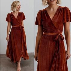 This Beautiful Rust Colored Wrap Dress Was Designed To Complement Your Natural Beauty! It Has A True Wrap Style With A Waist Tie. Feminine Flutter Sleeves With A Tulip Style Skirt - Longer In The Back With Slight Rise In The Front. Bump & Nurse Friendly! 100% Polyester Size M Bust 34”- 38” Waist 26”- 30” Center Back Length 60” Back Shoulder 13.8” * Hip Is Not Fitted So Allows Room For Hips If Necessary. Maxi Dress Fall, Petite Style Outfits, Velvet Wrap Dress, Maxi Dresses Fall, Baltic Born, Ribbed Sweater Dress, Flowy Maxi Dress, Fall Wedding Dresses, Pleated Maxi Dress