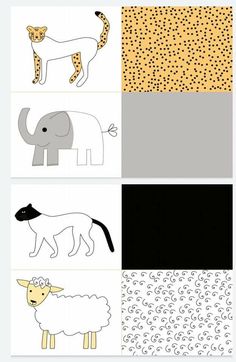 four different pictures with animals on them in black, white and yellow colors are shown