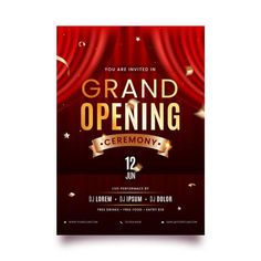 a grand opening ceremony flyer with red curtains and gold confetti on the side