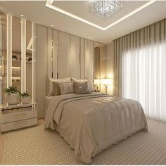 a bedroom with white walls and beige carpeting