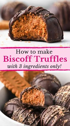 chocolate covered biscoff truffles in a white bowl with text overlay that reads how to make biscoff truffles with 3 ingredients only