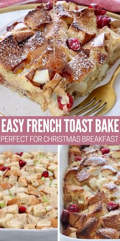 french toast casserole in a baking dish and sliced on a plate with a fork Night Before French Toast Casserole, French Toast Baked In Oven, Christmas Morning French Toast, Oven French Toast Recipe, Cracker Barrel French Toast, Overnight French Toast Casserole, Easy French Toast Bake