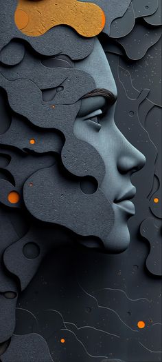 a woman's face is surrounded by black and orange shapes