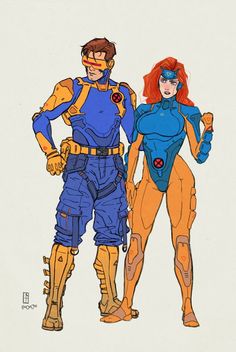 two cartoon characters standing next to each other wearing blue and yellow outfits with orange hair