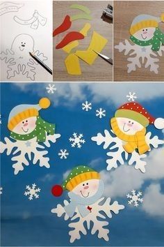 snowflakes are cut out to look like children's hats and scarfs