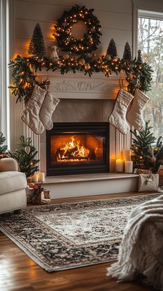 Wreath On Fireplace, Fireplace Greenery, Faux Chimney, Vermont Christmas, Winter Fireplace, Classic Holiday Decor, Christmas Fireplace Decor, Christmas Mantel Decorations