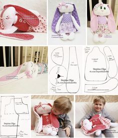 several pictures of stuffed animals and patterns for children's clothing, including one with a teddy bear