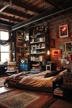 a bed room with a neatly made bed and lots of books