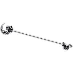 14 Gauge (1.6mm), 1 1/2" (38mm), 316L Surgical Grade Stainless Steel Straight Barbell 14 Gauge Owl Skull Key Mystic Moon Industrial Barbell 38mm It's not a full moon but it's going to be a magical night with this 14 gauge helix barbell! It's made with a 1 1/2" durable 316L surgical grade stainless steel straight barbell. One end features a crescent moon with the profile of a grinning skull hidden in its curve. Perched on the lower end of the moon is a small owl too! The other end features a key- Owl Skull, Piercing Industrial, Types Of Ear Piercings, Ear Piercings Helix, Helix Ear, Jewelry Promotion, Mystic Moon, Small Owl, Magical Night