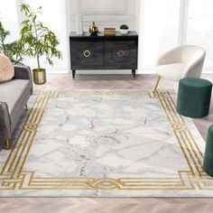 a white and gold rug in a living room