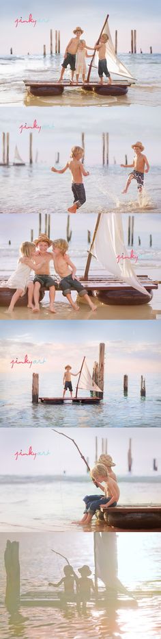 three pictures of people in small boats on the water with one man holding a fishing pole