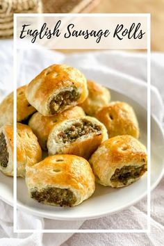 english sausage rolls on a white plate with the words english sausage rolls above it in a square frame