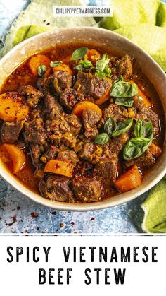 spicy vietnamese beef stew in a white bowl on a blue surface with text overlay