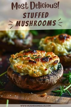 stuffed mushrooms with cheese and herbs in the background