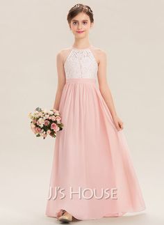 A-Line Floor-length Flower Girl Dress - Chiffon Sleeveless With Back Hole (010256473) - JJ's House Chiffon Flower Girl Dress, Bridesmaid Dresses Floor Length, Girls Bridesmaid Dresses, Formal Dresses For Teens, Dresses Chiffon, Bridesmaid Dresses Online, Chiffon Flowers, Lace Bridesmaid Dresses