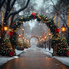 a snowy street with christmas decorations and lights