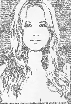 a black and white drawing of a woman's face with words all over it