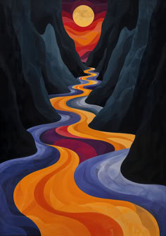 a painting of a river flowing through a canyon