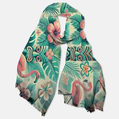 Kate McEnroe New York Tropical Flamingo Tiki Pashmina ScarfScarves & WrapsPMA48.629698 Casual Beach Shawl For Spring, Casual Beach Shawl For Summer, Casual Summer Beach Shawl, Casual Summer Shawl For Beach, Bohemian Silk Scarf For Beach In Spring, Multicolor Beach Shawl For Spring, Spring Beach Shawl In Multicolor, Bohemian Beach Scarf, Bohemian Silk Scarf For The Beach