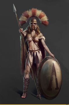 a woman dressed in native american clothing holding a spear and shield while standing next to a drum