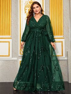 Dark Green  Collar Long Sleeve Sequins Plain,Random Print A Line Embellished Slight Stretch  Weddings & Events Plus Prom Dresses, Affordable Formal Dresses, V Neck Long Dress, Plus Size Sequin, Sequin Flower, Cocktail Dress Formal, Plus Size Formal, Plus Size Formal Dresses, Casual Wedding Dress