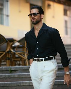 Shop our Men's Classic Black Linen Shirt. 100% Irish linen. Choose your fit & style. Custom made to your measurements, shipped worldwide. Black Shirt And White Pants Outfit, Monaco Mens Fashion, Nice Mens Outfits Classy, Black Shirt White Pants Men, Men Shirt Black, Mens Elegant Outfit, Men Outfit All Black, Semi-formal Summer Shirt With Spread Collar, Relaxed Fit Formal Tops For Summer