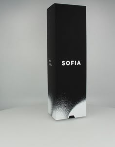 a black and white box with the word sofia printed on it's side