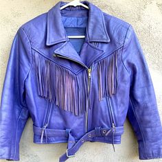 Vintage 80s Purple Fringe Genuine Leather Motorcycle Jacket Marked As Size Xl - Fits Like Women’s Small Shoulder To Shoulder - 17” Smallest Part Of Waist Lying Flat - 14” Sleeve Length - 20.5” Great Condition! Very Little Wear On Leather, Shown In Up Close Photos Belt Buckle Detail Zipper Detail On Cuffs A Few Loose Threads On The Interior But Structurally Sound And Has Many Years Of Wear Still Purple Fringe, Genuine Leather Jackets, Vintage Purple, Leather Motorcycle Jacket, Zipper Detail, Leather Jackets, Belt Buckle, Motorcycle Jacket, Genuine Leather