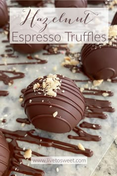 chocolate covered truffles on a table with nuts scattered around them and text overlay reads, elegant espresso truffles