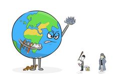 an angry cartoon character holding a baseball bat in front of the earth with people around it