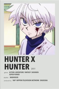 an anime character with white hair and blue eyes in front of a poster that says hunter x