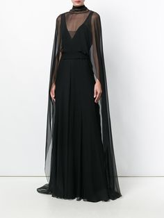 Black Sheer Cape, Black Gown With Cape, Black Dress Cape, Black Dress With Cape, Sheer Cape, Long Cape, Cape Gown, Space Fashion, Designer Evening Dresses