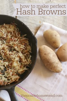 potatoes and hash browns in a skillet with text overlay