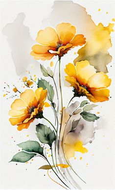 watercolor painting of yellow flowers with green leaves