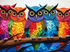 three colorful owls sitting on top of a tree branch