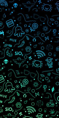 a black background with green and blue doodles on it