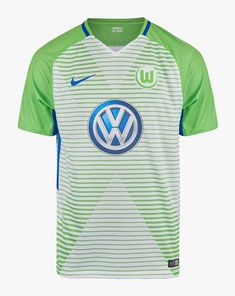 the soccer jersey is green and white with blue details on the chest, and has a v