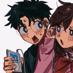 two anime characters are looking at something on their cell phone and one is holding an electronic device