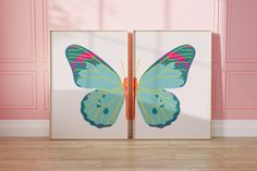 two butterfly paintings are shown in front of pink walls and wooden floors, one is open to the other side