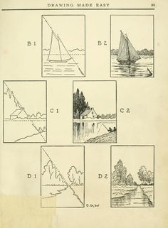 an old book with pictures of boats and trees on it's pages, including the title drawing made easy