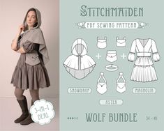 a woman wearing a dress and hoodie is standing in front of the sewing pattern