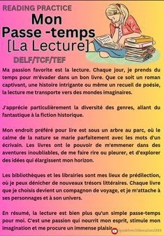 a poster with an image of a woman reading books and the text reading practice mon passe - temps la lecture